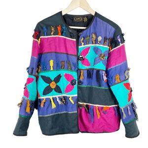 Vintage Allure Women's Black Multicolor Fringe Floral Jacket Size S Art to Wear